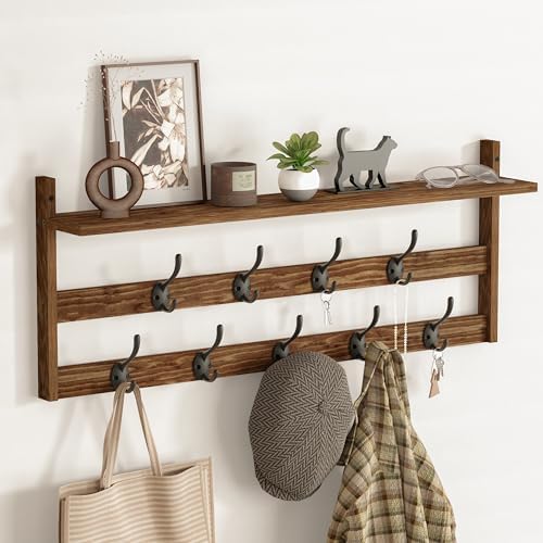 AMBIRD Coat Rack Wall Mount with Shelf, 29" Coat Hooks Wall Mounted with 9 Metal Hooks for Entryway, Bathroom, Bedroom, Living Room, Kitchen, 2 Tier Wall Hooks for Clothes, Hat, Towel, Key, Purse by AMBIRD