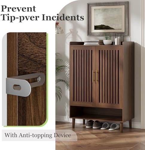 Shoe Cabinet, Large 6-Tier Shoe Storage Cabinet with Louvered 2 Doors, 44" Tall Freestanding Entryway Shoe Cabinet with Adjustable Shelves, Modern Shoe Organizer Cabinet, Shoe Rack Cabinet (Walnut) - Image 6