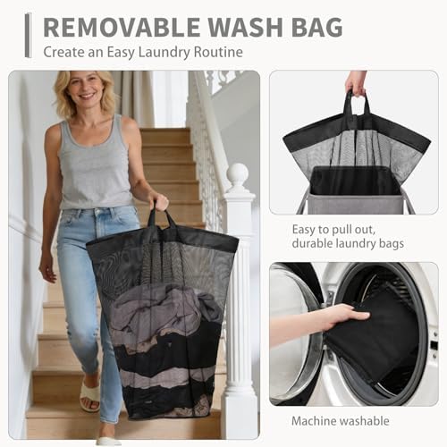 CHICVITA 100L Slim Laundry Basket with Wheels & Wash Bag, Light Grey - Image 2