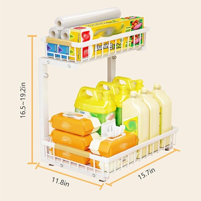 GarveeLife Under Sink Organizer - L-Shape Pull-Out 2-Tier Carbon Steel Storage Organizer with Suction Cups - Space-Saving Cabinet Rack for Kitchen & Bathroom - Easy Access Sliding Design - White - Image 2