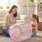 Sturdy Collapsible Laundry Baskets - Pop Up Laundry Hampers with Handy Pocket, Foldable Clothes Hamper with Reinforced Carry Handles for Bathroom, Kids Room, Dorm or Travel - Check Print, Pink - Image 2