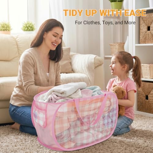 Sturdy Collapsible Laundry Baskets - Pop Up Laundry Hampers with Handy Pocket, Foldable Clothes Hamper with Reinforced Carry Handles for Bathroom, Kids Room, Dorm or Travel - Check Print, Pink - Image 2