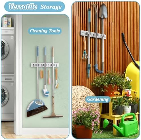 White Broom Holder Wall Mount - Heavy Duty Wood Mop and Broom Organizer with 3 Slots & 4 Hooks - Garden Tool Hanger for Laundry Room Closet Kitchen Garage Storage and Organization - Modern Home Decor - Image 6