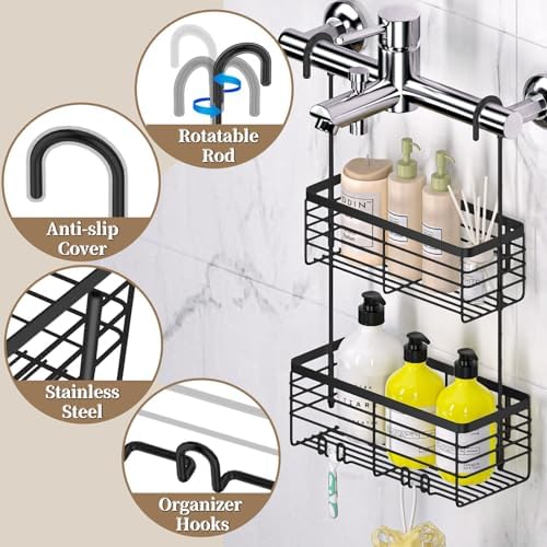 DELLAN 2-Tier Shower Hanging Caddy, Shower Rack with Hooks, Black - Image 5