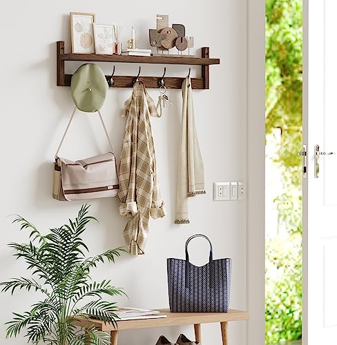 AMBIRD 28.9 Inch Length Shelf with Hooks Entryway Coat Rack Wall Mount Wood Coat Hooks with Shelf Wall-Mounted Coat Hook Rack with 5 Dual Hooks for Bathroom, Living Room, Bedroom (Brown) - Image 3