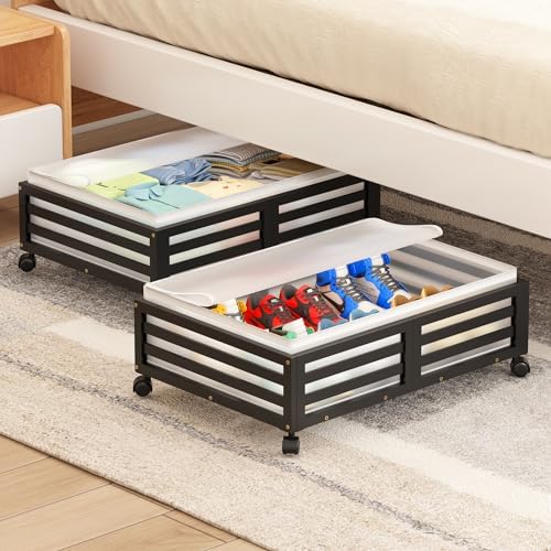 Under Bed Storage with Wheels-Large Bamboo Underbed storage Containers with Large Dust Bag Stackable Under the Bed Shoe Storage Bins for Clothes Books Bedding (2 Packs Black, 23.62"L×16.54"W× 6.51"H) - Image 2