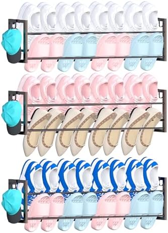 3 Pack Wall Mounted Shoe Rack for Narrow Spaces, Hanging Shoe Rack Holds 24 Pairs, 17"-30"Adjustable Heavy Duty Wall Shoe Storage with 6 Storage Hooks, Space Saving for Closet Entryway Door, Black by HomeOrganizerandStorage