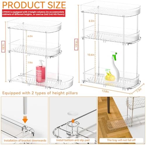 2 Pack 3 Tier Large Pull Out Bathroom Organizers and Storage,13.8″ Deep Sliding Kitchen Under Sink Organizer for Cleaning Products Storage,Acrylic Clear Bathroom inder Sink Organizer,Undersink Storage - Image 2