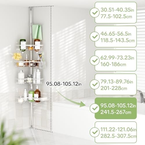 Corner Shower Caddy Tension Pole, 4 Tier Rustproof Shower Tension Rod Organizer with Soap Holder & Hooks, Adjustable 30-121 Inch Bathroom Shelf for Renters - Family Stand Storage Rack, Silver - Image 2