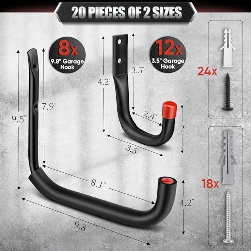 Nacial 20 Pack Heavy Duty Garage Hooks, 9.8" & 3.5" Wall Hooks with EVA Pad - Image 2