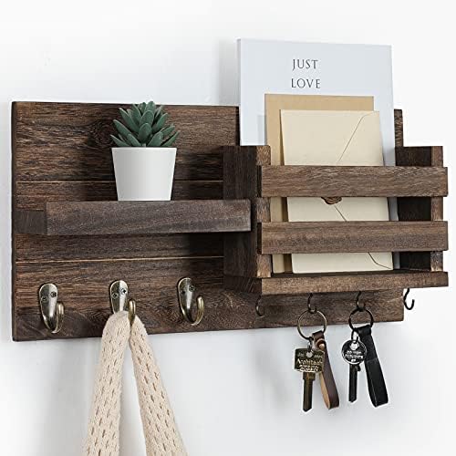 Lwenki Mail Organizer for Wall Mount – Key Holder with Shelf Includes Letter Holder and Hooks for Coats, Dog Leashes – Rustic Wood with Flush Mounting Hardware (16.5” x 8.7” x 3.5”) by Lwenki