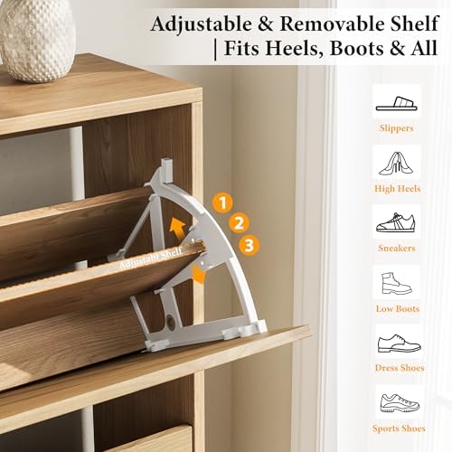 Nicetree Arch-Chic Shoe Cabinet for Entryway, Modern Mid-Century Shoe Storage Cabinet with Fluted, Narrow Shoe Rack for Entryway with Adjustable Shelves & Tipping Protection,Light Oak - Image 4
