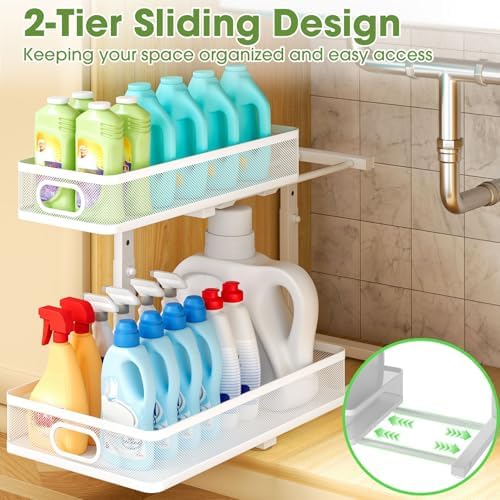 Under Sink Organizer 4-Pack, Metal 2-Tier Pull-Out Cabinet Shelf with Slide-Out Mesh Drawers, Height Adjustable, Space-Saving Storage Racks for Kitchen, Bathroom, Laundry Room, White - Image 7