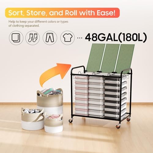 180L Laundry Sorter 3 Section, Rolling Laundry Basket with Wheels and Lid - Image 6