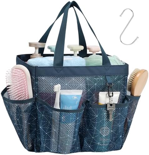 Mesh Shower Caddy Portable - 8 Pockets, S-Hook, Shower Bag for Dorm Camping by F-color