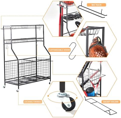 LUGO Heavy-Duty Rolling Sports Equipment Organizer – Ball Storage Rack with Lockable Wheels, Shelves, Baskets & Hooks – Garage, Home & Outdoor Sports Gear Holder for Basketballs, Toys, Helmets & More - Image 4