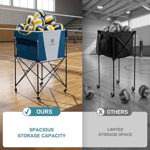 EVER ADVANCED Rolling Ball Storage Cart Lockable Wheels, 33x22.8in/45x25in Collapsible Garage Sports Equipment Organizer for Volleyball Basketball Tennis Toy Storage Multi-Sport Family Gym - Image 2