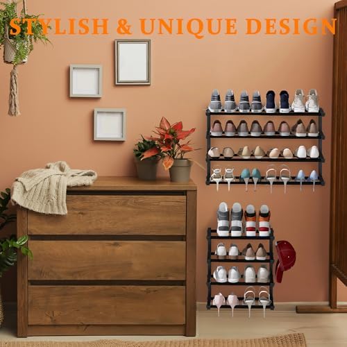 Wall Mounted Shoe Rack, 4 Tier Hanging Shoe Rack Holds 16 Pairs, 17"-30" Adjustable Heavy Duty Wall Shoe Shelf with 2 Storage Hooks, Space Saving for Closet Entryway, Black - Image 5