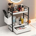 2-Tired Bathroom Counter Organizers and Storage, Bathroom Countertop Organizer with Drawer, Solid Wood Skincare Perfume Organizer for Vanity Kitchen Corner Shelf Office Countertop (White) - Image 2