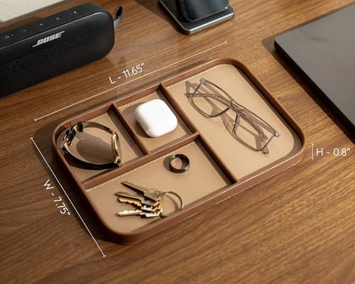 MUUJEE Leather Catchall Multitray (Design 1) - 11.65 x 7.75 x 0.8, Everyday Watch and Wallet Caddy Organizer with 4 Compartments, Accessory Glasses Phone Valet Dump Tray for Bedside Nightstand, Tan - Image 4