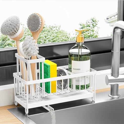 Cisily Sponge Holder for Kitchen Sink, Sink Caddy Organizer with High Brush Holder, Kitchen Countertop Organizers and Storage Essentials, Rustproof 304 Stainless Steel (White, 9.25″) by CISILYHOMELIFE
