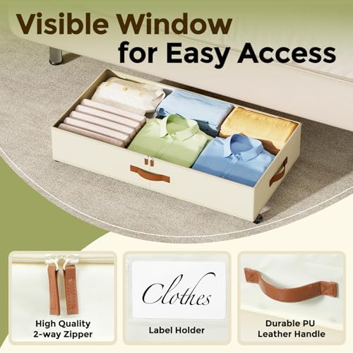 LAMU Under Bed Storage with Wheels, 2 Pack Under Bed Storage Containers with Clear Lids & Label, Rolling Under Bed Drawers for Clothes, Shoes, Blankets, Beige - Image 6