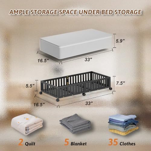 2 Pack Large Bamboo Under Bed Storage Containers with Wheels, Black | Underbed Drawer Storage with Bag, Wood Rolling Underbed Organizer for Shoes, Sheets Clothes Blanket Comforter, Under Crib Toy - Image 6