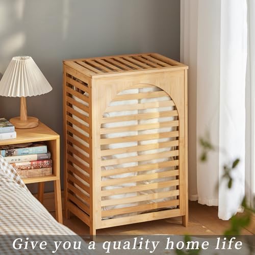Laundry Hamper with Lid,Bamboo Large Waterproof Clothes Laundry Basket,Removable Washing Bags with Handles,clothes basket (Natural) - Image 2
