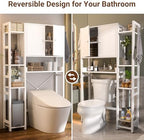 Over The Toilet Storage Cabinet with Doors - 7 Tier Bathroom Organizer with Adjustable Shelf, Freestanding Space Saver Rack Above Toilet Stand with 4 Hooks for Bathroom, Restroom, Laundry, White - Image 5