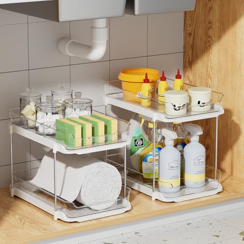 Delamu 3 Pack 2-Tier Bathroom Under Sink Organizers and Storage, Multi-Purpose Stackable Pantry Organization and Storage, Pull Out Clear Kitchen Bathroom Cabinet Organizer with Movable Dividers, White - Image 6