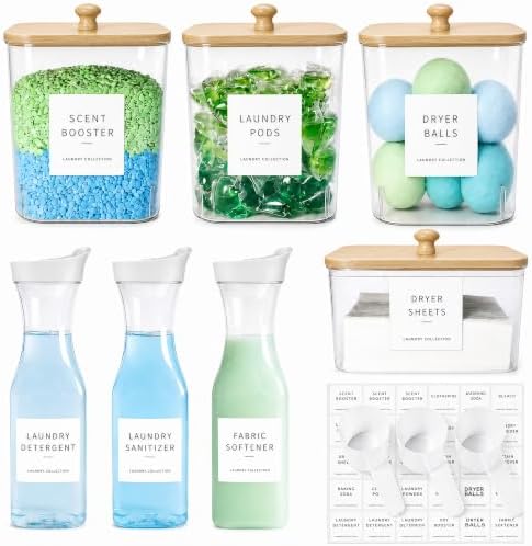 4+3 Pack Laundry Pods Containers & Dryer Sheet Holder & Laundry Detergent Dispenser, Laundry Room Organization and Storage Jars with Lids, Labels and Scoops for Scent Booster, Powder, Pods by Unknown