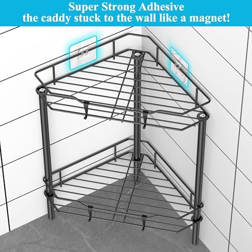 HuggieGems Metal Floor Standing Corner Shower Caddy, Black, 2 Tier - Image 2