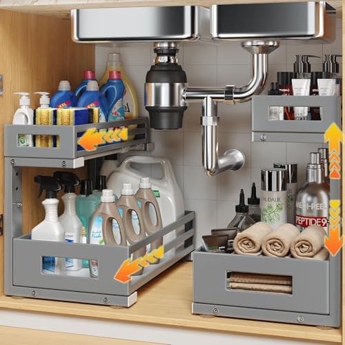 2-Pack Under Sink Organizers and Storage,2-Tier L Shape Pull Out Cabinet Organizer With Round Tube Slide Rails,Hight Adjustable Slide Out Drawers for Kitchen&Bathroom,Multi-Purpose Storage Shelf-Gray by UnderSinkOrganizer