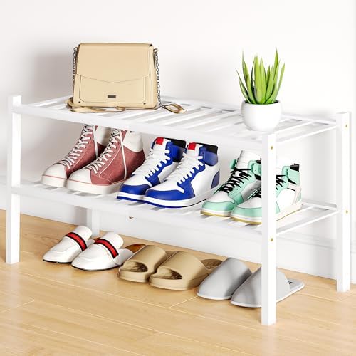 Smiry Bamboo Shoe Rack, 12 Vertical Slats, 2 Tier - 26.8" Wide, White by Smiry
