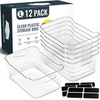12 PACK Multi-Use Clear Plastic Storage Bins for Organizing w/Labels - Home, Kitchen, Pantry, Bathroom, Office, Cabinet Shelf Organizer Bins - SOHO Collection, RV, Fridge Organization Containers - L by MakeLifeBetterEasier