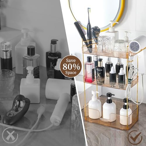 YCIA&DONE Luxury Bathroom Counter Organizer, Large Makeup Organizer Countertop, Shelf Organizer, Vanity Tray, Easily Assemble for Bathroom Organizers and Storage, Undersink, Cabinet,3 Tiers Amber - Image 3