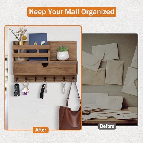 dreampossible Key and Mail Holder for Wall, Mail Organizer Wall Mount with 7 Hooks and Storage Drawer, Wooden Key Rack Hanger with Shelf for Entryway and Home Decor - Image 5