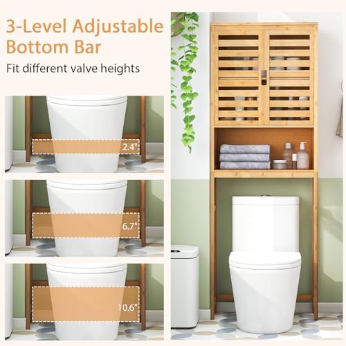 Tangkula Over The Toilet Storage Cabinet, Bamboo Bathroom Space Saver with 2 Doors, Adjustable Bottom Bar, Open Shelf, Freestanding Bathroom Cabinet Organizer Above Toilet for Restroom, Laundry Room - Image 5