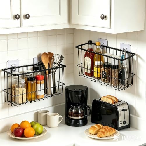 2 Pack Cabinet Door Organizer, Adhesive Wall Mounted Storage Basket for Food Container & Tumbler Lids, Kitchen Storage Organizer for Inside Cabinet Doors, Pantry, Bathroom, Refrigerator & RV - Image 4