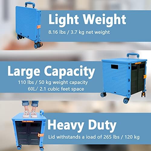 FELICON SELORSS Foldable Utility Cart Portable Rolling Crate-Light Blue - Image 3