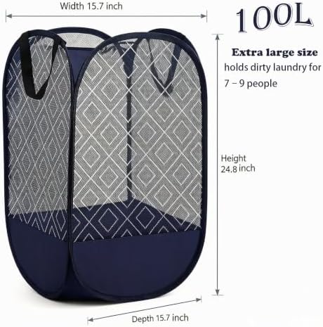 100L Extra Large Mesh Pop Up Laundry Hamper 2 Pack. Blue Travel Basket - Image 2