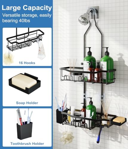 Upgraded Extended Length Shower Organizer with 16 Hooks, Rustproof Shampoo Soap Storage, Large Hanging Bathroom Caddy with Soap and Toothbrush Holder - Image 5