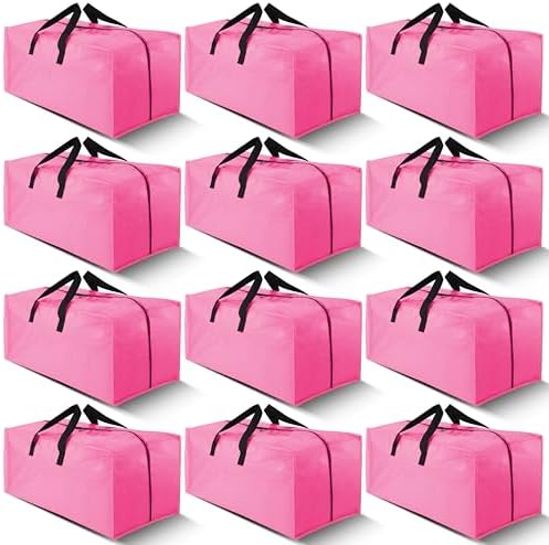 Cosy Family 12 Pack Heavy Duty Extra Large Moving Bags with Backpack Straps - Strong Handles & Zippers, Storage Totes For Space Saving, Fold Flat, Alternative to Moving Box, Pink by Cosy+Family