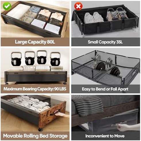 KITHELP Wooden Under Bed Storage with Wheels, 80L Extra-large Rolling Under the Bed Storage Bins 2 Pack with Removable Lid, Upgrade Metal Under Bed Drawers for Clothes Shoes Blankets in Bedroom - Image 2