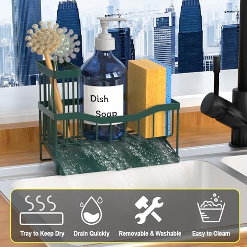 Fssvcd Maifan Sink Caddy Sponge Holder for Kitchen with Brush Holder and Stainless Steel Self Drain Tray, Rustproof Kitchen Sink Organizer for Sponge, Soap Dispenser Storage Accessories Dark Green - Image 3