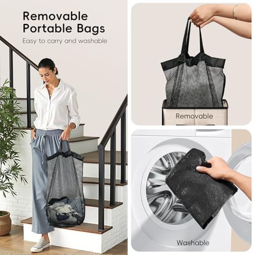 100L Laundry Hamper with Lid, Large Clothes Hampers with Removable Bag, Collapsible Laundry Basket for Bathroom, Bedroom, Laundry Room, Dorm, Beige - Image 5