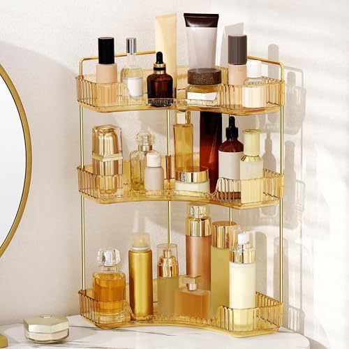 Corner Bathroom Counter Organizer Bathroom Countertop Shelf Makeup Organizer for Vanity Perfume Tray for Corner Storage (3 Tiers, Gold) by Weidace