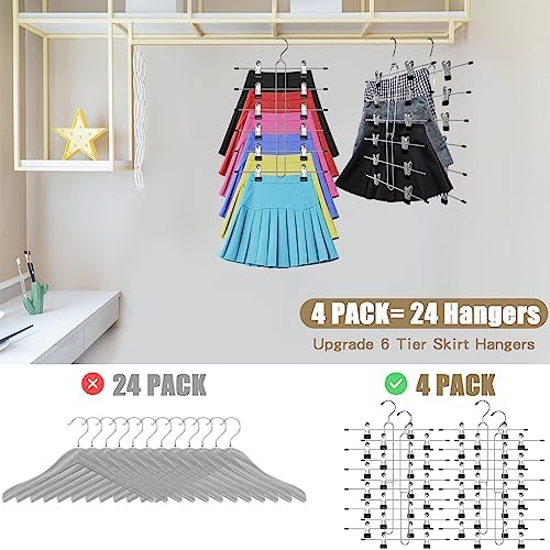 6 Tier Skirt Hangers Space Saving,4 Pack Pants Skirts Hangers with Clips for Women Closet,Non Slip Closet Organizer and Storage Multi Clothes Shorts Hanger Organization Dorm Room Essentials - Image 3
