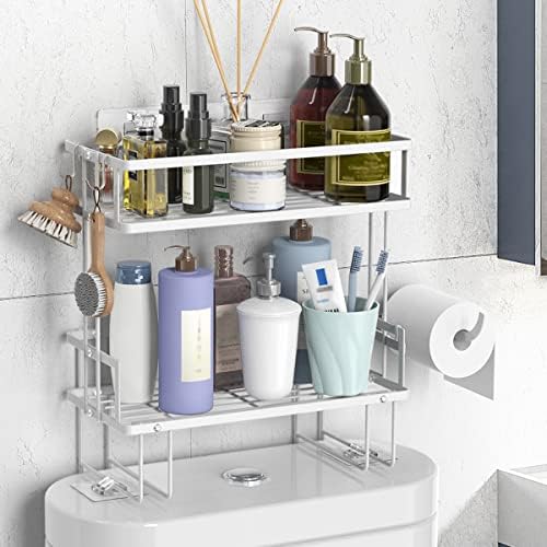 FLOLXNB Over The Toilet Storage Shelf, 2-Tier Bathroom Storage Organizer Upgrade Punch-Free Toliet Storage Shelf, Home Storage Rack with Hooks Shelf,White by FLOLXNB