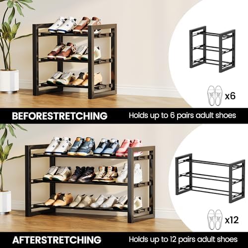 Homeiju Expandable Shoe Rack, 3 Tier Metal Shoe Shelf, Adjustable Shoe Stand for Sneakers, Boots, Heels, Heavy-Duty Steel Standing Shoe Organizer for Entryway, Closet, Bedroom, Black - Image 6